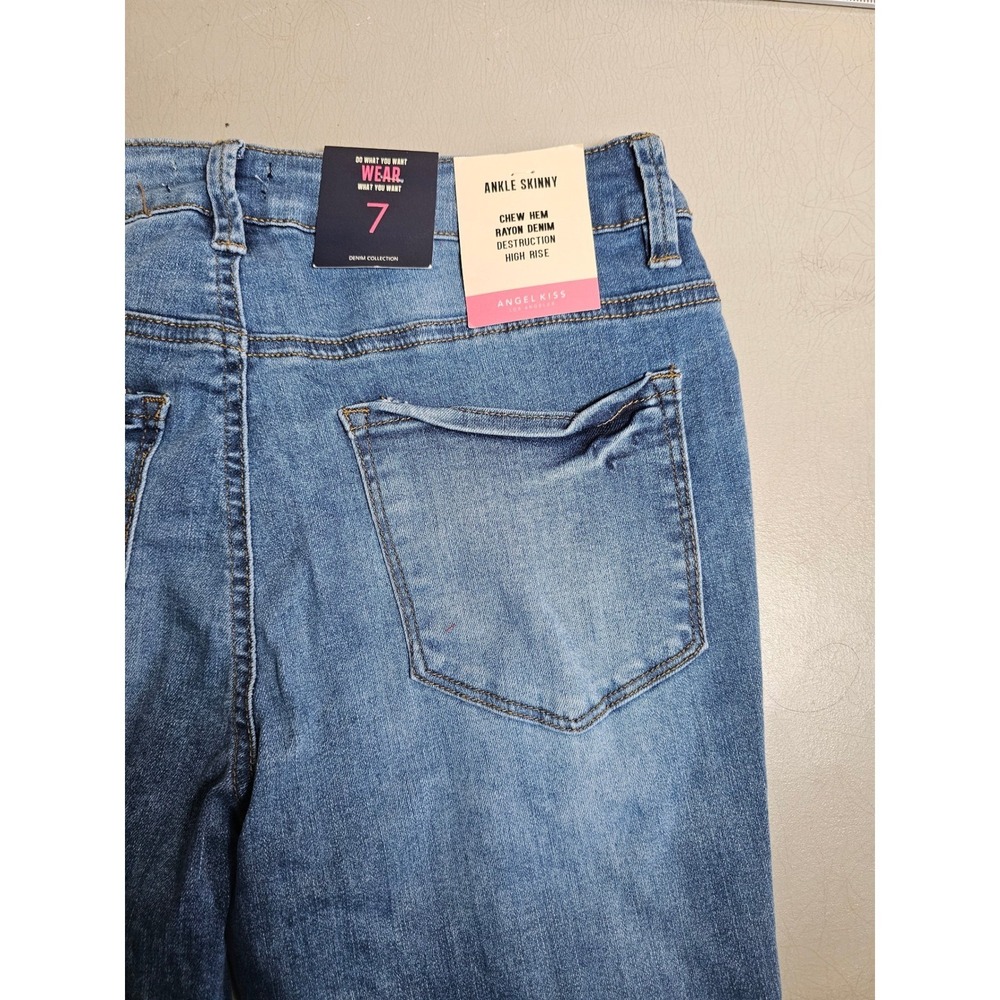 Angel Kiss High Rise Ankle Skinny‎ Jeans Distressed Chew Hem Blue Womens Size 7